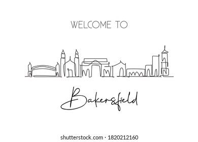 One single line drawing Bakersfield city skyline, California. Historical town landscape in the world. Best holiday destination. Editable stroke trendy continuous line draw design vector illustration