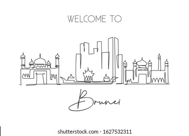 One single line drawing of Bandar Seri Begawan city skyline, Brunei Darussalam. Town landscape in the world. Best holiday destination. Editable stroke continuous line draw design vector illustration