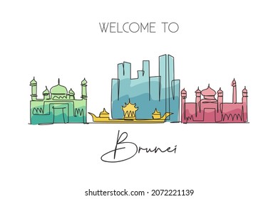 One single line drawing of Bandar Seri Begawan city skyline, Brunei Darussalam. Town landscape in the world. Best holiday destination. Editable stroke continuous line draw design vector illustration