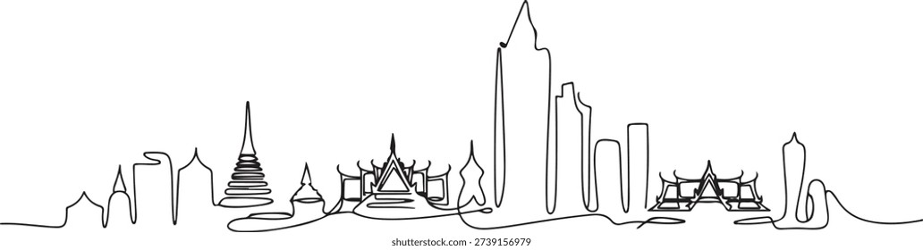 One single line drawing of Bangkok city skyline, Thailand. Historical town landscape. Best holiday destination home decor wall art poster print. one line Icon drawing
