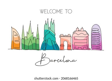 One single line drawing of Barcelona city skyline, Spain. Historical skyscraper landscape in world postcard. Best holiday destination wall decor poster. Continuous line draw design vector illustration