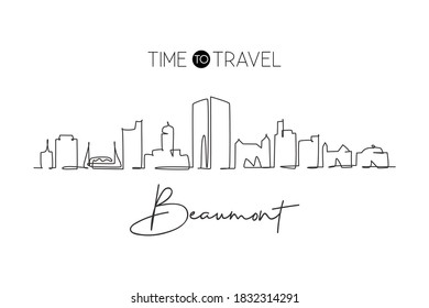 One single line drawing Beaumont city skyline, Texas. World historical town landscape. Best holiday destination postcard. Editable stroke trendy continuous line draw design vector graphic illustration