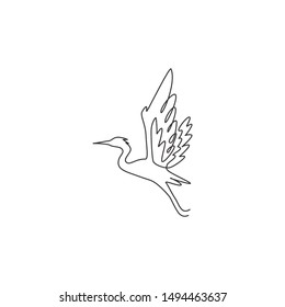 One single line drawing of beautiful flying heron for company logo identity. Long legged freshwater bird mascot concept for national zoo icon. Modern continuous line draw design vector illustration