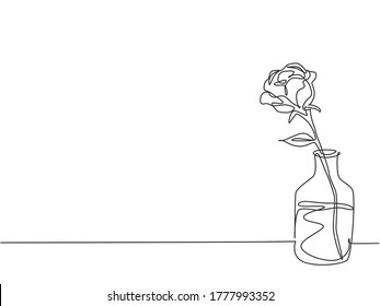 One single line drawing of beautiful fresh romantic rose flower on glass vase. Trendy greeting card, invitation, logo, banner, poster concept continuous line draw design graphic vector illustration