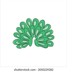One single line drawing of beautiful peacock for company logo identity. Big avian mascot concept for national park icon. Modern continuous line graphic draw design vector illustration