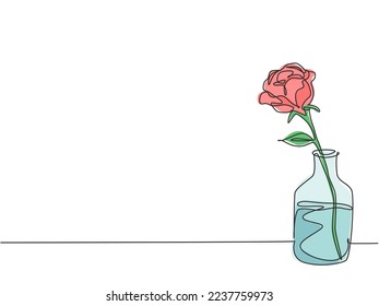 One single line drawing of beautiful fresh romantic rose flower on glass vase. Trendy greeting card, invitation, logo, banner, poster concept continuous line draw design graphic vector illustration