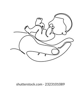 One single line drawing of beautiful newborn baby leaning on mother's hand. Little newborn baby and girl hands. Happy mother and her child. Modern continuous line draw graphic design vector illustrati