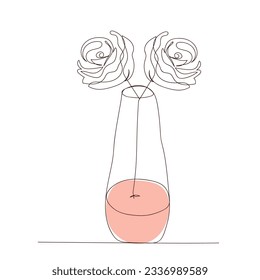 One single line drawing of beautiful fresh romantic rose flower on glass vase.