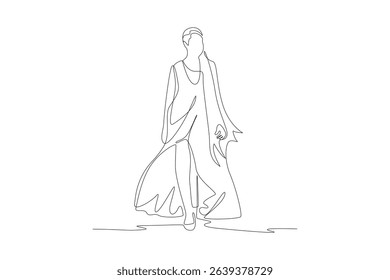 One single line drawing of beautiful fashion model in long dress. Fashion model minimalist concept. Fashion trendy minimalist concept. Simple line for fashion.