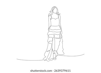 One single line drawing of beautiful fashion woman with nice clothes. Fashion model minimalist concept. Fashion trendy minimalist concept. Simple line for fashion.