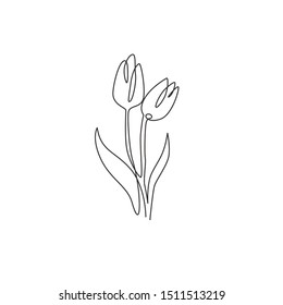 One single line drawing of beauty fresh tulip for logo. Printable decorative Holland nationality flower concept for wall home decor poster art. Modern continuous line draw design vector illustration