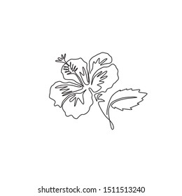 One single line drawing of beauty fresh hibiscus for garden logo. Decorative rose mallow flower concept for home wall decor poster. Modern continuous line graphic draw design vector illustration