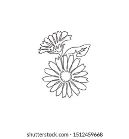 One single line drawing of beauty fresh marigold for home wall decor poster art. Printable decorative calendula flower concept for park icon. Modern continuous line draw design vector illustration