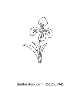 One single line drawing of beauty fresh perennial plants for garden logo. Printable decorative iris flower concept for home decor wall art poster print. Continuous line draw design vector illustration