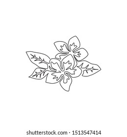 One single line drawing beauty fresh plumeria for home decor wall art poster print. Decorative frangipani flower concept for wedding invitation. Modern continuous line draw design vector illustration