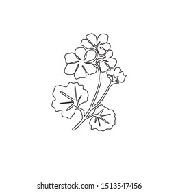 One single line drawing of beauty fresh geranium for garden logo. Printable decorative cranesbills flower concept for fashion fabric textile. Trendy continuous line draw design vector illustration