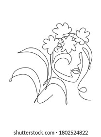 One single line drawing beauty abstract face with natural flowers vector illustration. Woman portrait minimalistic style concept for wall art decor print. Modern continuous line draw graphic design