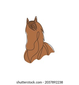 One single line drawing of beauty elegance horse head for company logo identity. Cute pony horse mammal animal symbol concept. Trendy continuous line draw design vector graphic illustration