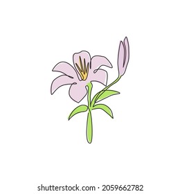 One single line drawing of beauty fresh lilium for home wall decor poster. Printable decorative true lilies flower for wedding invitation card. Modern continuous line draw design vector illustration