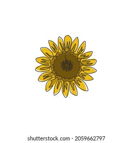 One single line drawing of beauty fresh sunflower for garden logo. Printable decorative helianthus summer flower concept wall home decor poster. Modern continuous line draw design vector illustration