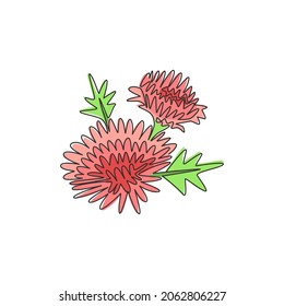 One single line drawing of beauty fresh chrysanthemum for garden logo. Printable decorative chrysanth flower concept for greeting card ornament. Modern continuous line draw design vector illustration