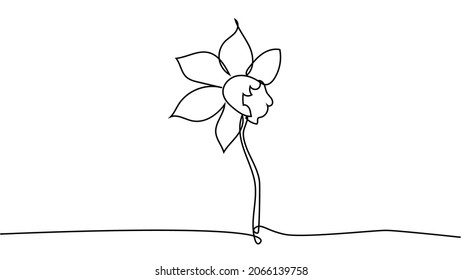 One single line drawing of beauty fresh narcissus for garden. Printable decorative daffodil flower concept. Trendy continuous line draw design