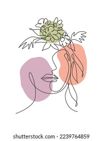 One single line drawing beauty abstract face with natural flowers vector illustration. Woman portrait minimalistic style concept for wall art decor print. Modern continuous line draw graphic design