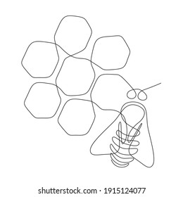 One single line drawing of bee with honeycomb. Honeybee farm icon concept from wasp animal shape. Trendy continuous line art for logo or emblem. Vector illustration