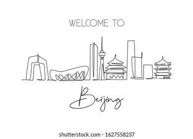 One single line drawing of Beijing city skyline, China. Historical town landscape in the world. Best holiday destination poster. Editable stroke trendy continuous line draw design vector illustration