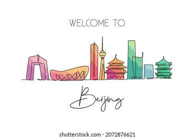One single line drawing Beijing city skyline  China  Historical town landscape in the world  Best holiday destination poster  Editable stroke trendy continuous line draw design vector illustration