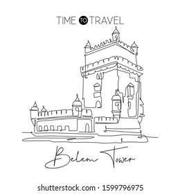 One single line drawing Belem Tower landmark. World famous iconic place in Lisbon, Portugal. Tourism travel postcard home wall decor art concept. Modern continuous line draw design vector illustration