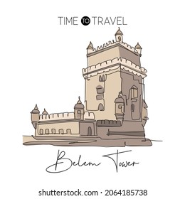 One single line drawing Belem Tower landmark. World famous iconic place in Lisbon, Portugal. Tourism travel postcard home wall decor art concept. Modern continuous line draw design vector illustration