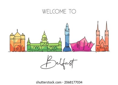 One single line drawing of Belfast city skyline, Northern Ireland. Historical landscape in the world. Best holiday destination. Editable stroke trendy continuous line draw design vector illustration