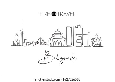 One single line drawing of Belgrade city skyline Serbia. Historical town landscape in the world. Best holiday destination poster. Editable stroke trendy continuous line draw design vector illustration