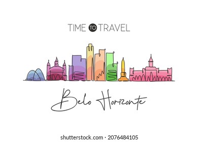 One single line drawing of Belo Horizonte city skyline, Brazil. World historical town landscape. Best holiday place destination. Editable stroke trendy continuous line draw design vector illustration