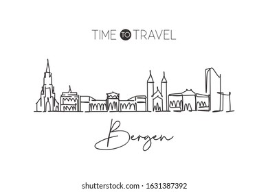 One single line drawing of Bergen city skyline, Norway. World town landscape home decor wall art poster print. Best place holiday destination. Trendy continuous line draw design vector illustration