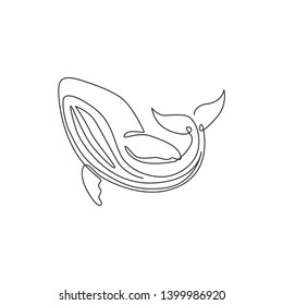 One single line drawing of big whale fish for company logo identity. Giant creature mammal animal mascot concept for conservation foundation. Continuous line draw graphic design vector illustration