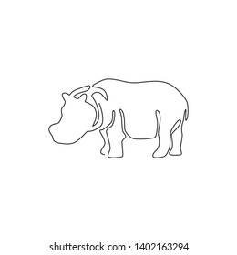 One single line drawing of big cute hippopotamus for kids toy company logo identity. Huge friendly hippo animal mascot concept for national safari zoo. Continuous line draw design vector illustration