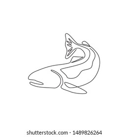 One Single Line Drawing Of Big Salmon For Logo Identity. Large Lake Fish Mascot Concept For Fishing Tournament Icon. Continuous Line Graphic Draw Design Vector Illustration