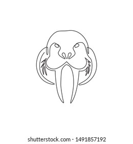 One single line drawing of big walrus head for company logo identity. Flippered marine mammal mascot concept for national zoo icon. Modern continuous line draw design vector illustration graphic