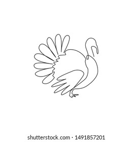 One single line drawing of big turkey for poultry logo identity. Fowl bird mascot concept for farming icon. Modern continuous line draw design vector illustration graphic