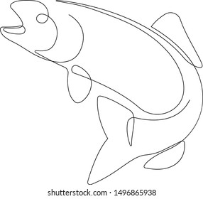 One single line drawing of big salmon or trout for logo identity. Large lake fish mascot concept for fishing tournament icon.