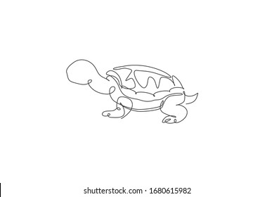 One single line drawing of big cute tortoise in Galapagos island vector illustration. Protected species national park conservation. Safari zoo concept. Modern continuous line graphic draw design