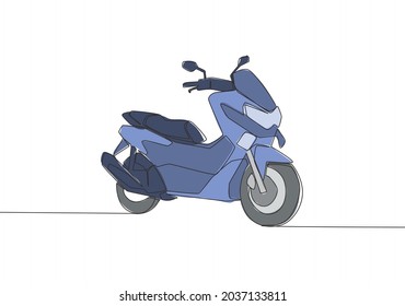 One single line drawing of big underbone scooter motorbike logo. City vehicle motorcycle concept. Continuous line draw design vector illustration