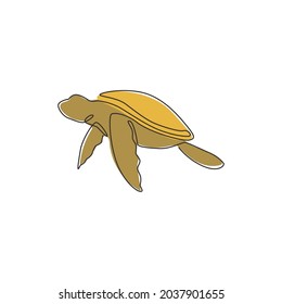 One single line drawing of big turtle for marine company logo identity. Adorable creature reptile animal mascot concept for conservation foundation. Continuous line draw design vector illustration