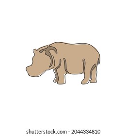 One single line drawing of big cute hippopotamus for kids toy company logo identity. Huge friendly hippo animal mascot concept for national safari zoo. Continuous line draw design vector illustration