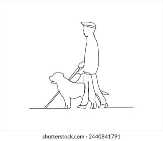 One single line drawing of blind person with a guide dog. Pet care and friendship concept. guide dog one line drawing. svg