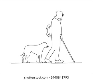 One single line drawing of blind person with a guide dog. Pet care and friendship concept. guide dog one line drawing. svg