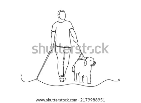 One single line drawing of blind person with a guide dog. Pet care and friendship concept. guide dog one line drawing.