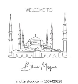 One single line drawing Blue Mosque landmark. Famous place in Istanbul Turkey. Tourism travel Sultan Ahmed Mosque postcard wall art poster print. Modern continuous line draw design vector illustration